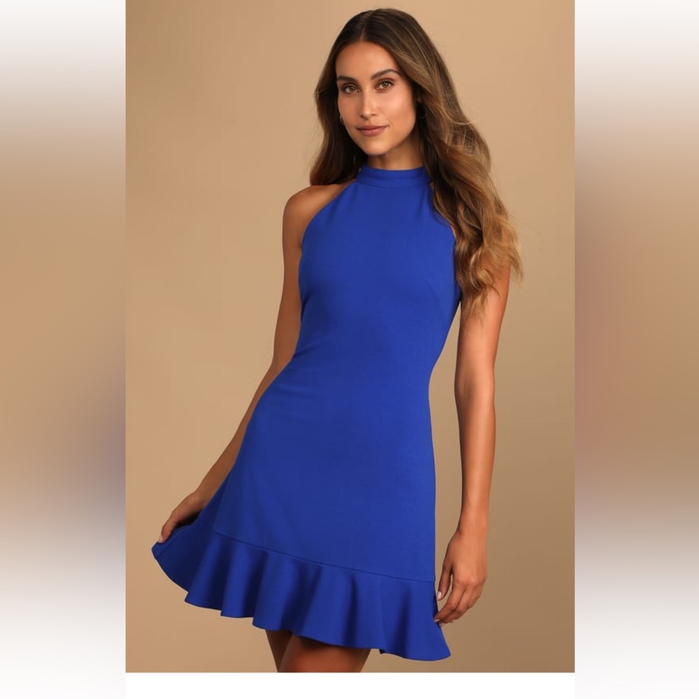 Lulus All About Dancing Royal Blue Halter Ruffle Mini Dress Size Large